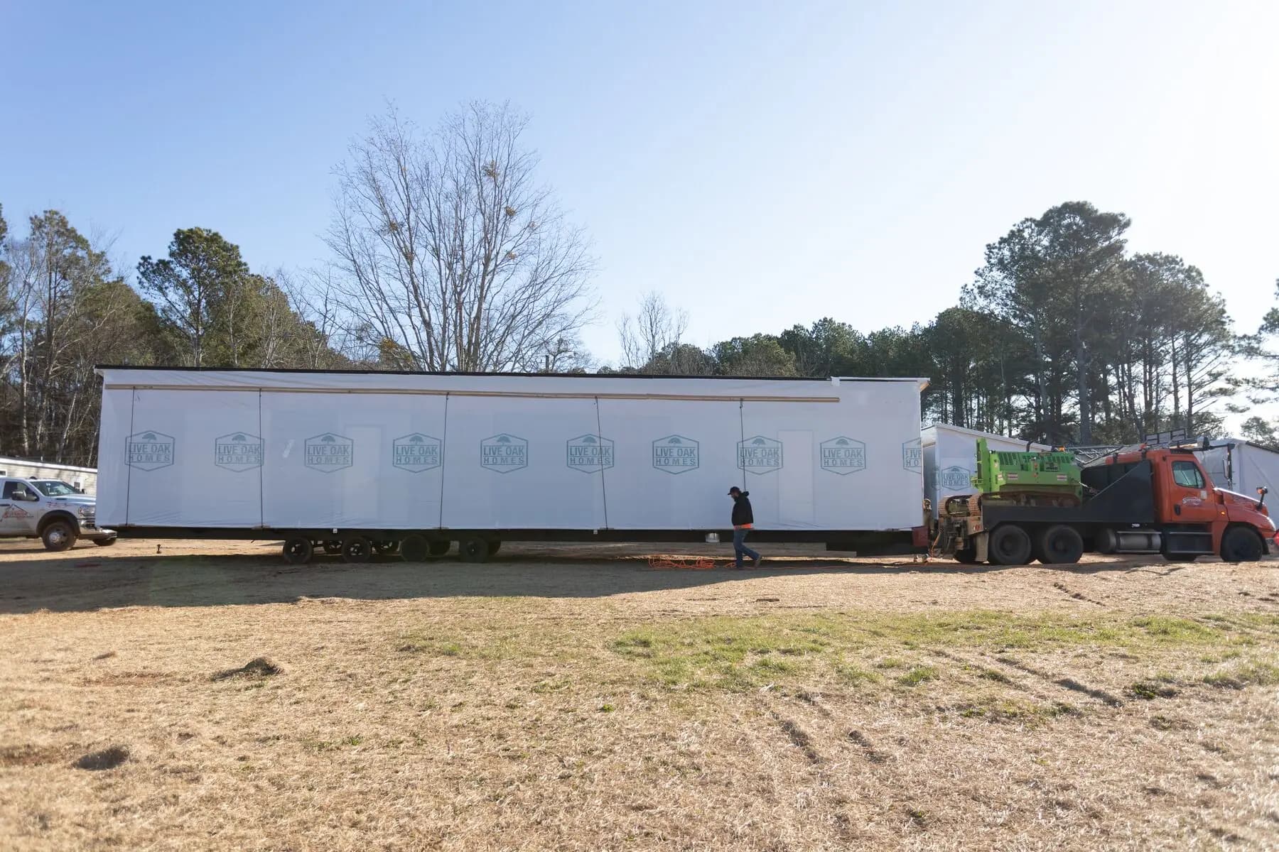 Home section connected to transport truck.