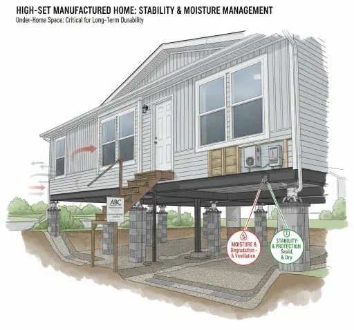 High pier set manufactured home considerations: Learn what changes with stability, anchors, moisture control, and skirting.