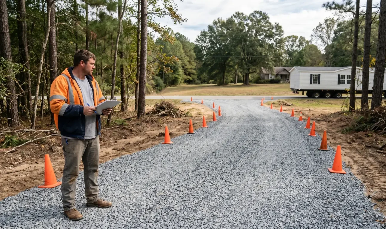 Learn manufactured home delivery access requirements, including driveway width, turn radius, slope, soft ground, staging, and site checks.